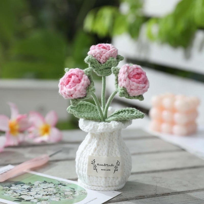 YOOJEE Crochet Flower Pot Valentines Day Gift for Women Him Her Boyfriend Girlfriend Couples Wife Husband Coworker Teacher Birthday Valentines Handmade Knitted Pink Rose Plant Home Decoration - Image 2